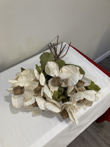 Magnolia Flower Stems 22 inch Long Large Set of 10 Gold Accents - Picture 2 of 4