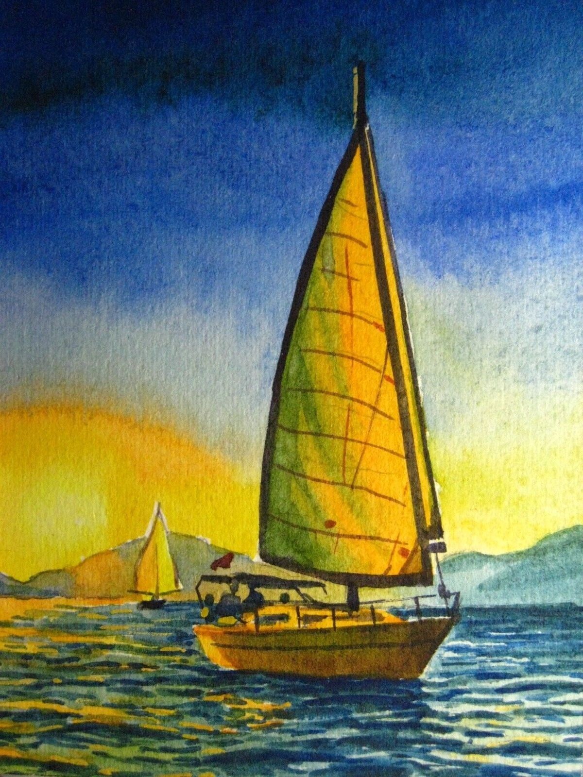 Watercolor Painting Ocean Sailboat Sail Yacht Seascape Nature ACEO Art