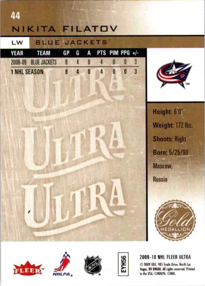2009-10 Fleer Ultra Gold Medallion Nikita Filatov #44 - Image 2 of 2