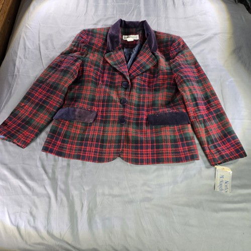 Vintage Blazer Damen 12 rot kariert Schottenkaro Wollmischung Samt Weihnachtsjacke 90er