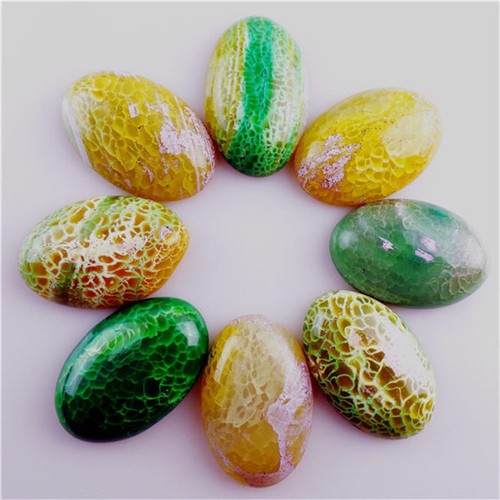 8pcs 30x20x6mm Oval Green Yellow Dragon Veins Agate CAB CABOCHON Beads No Holes - Picture 1 of 2