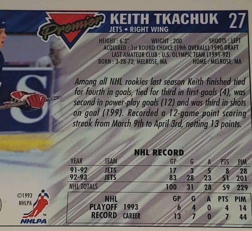 1993 KEITH TKACHUK SIGNED CARD AUTOGRAPHED VINTAGE PREMIER TOPPS 27 NHL JETS - Picture 4 of 4
