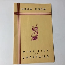 Vintage “Drum Room” Wine and Cocktail List Menu 6.5 x 10”