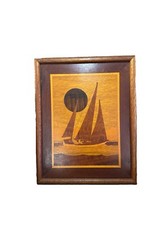 Hudson River Inlay Marquetry Art 15  x 12" Moonlit Sailboat - Signed Jeff Nelson