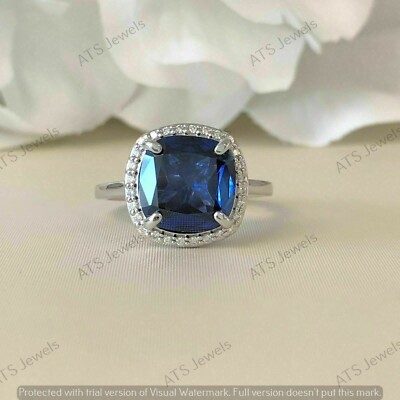 2 Ct Cushion Cut Lab-Created Blue Sapphire Wedding Ring Real 925 Sterling Silver