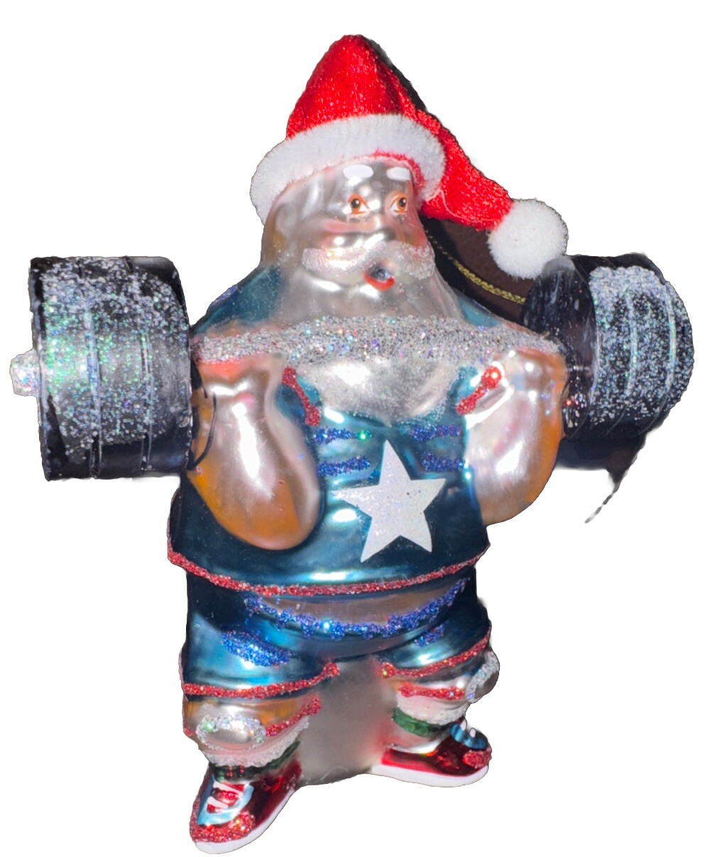 Santa Body Builder Hand Blown Glass Ornaments