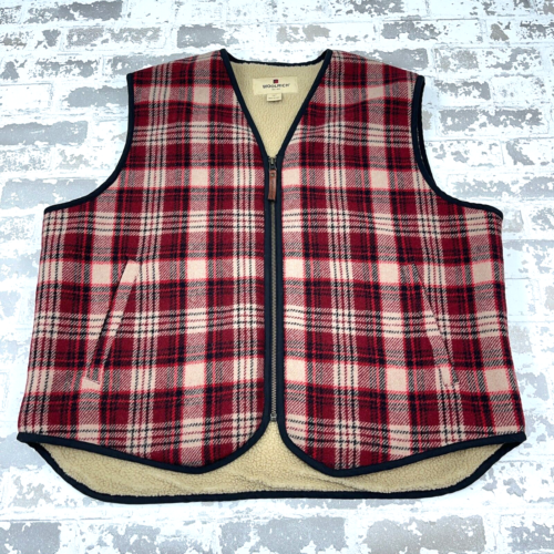Woolrich Vest Men XL Red Plaid Wool Sherpa Fleece Quilt Lined Hunting Utility