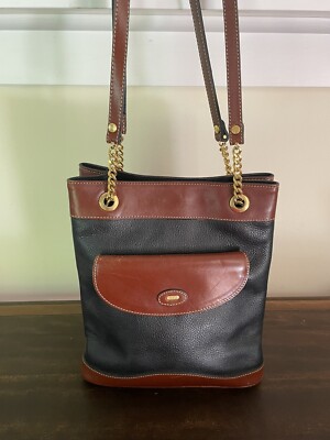 Vintage Bally Pebbled Black Leather Brown Trim Chain Handbag Bag 
