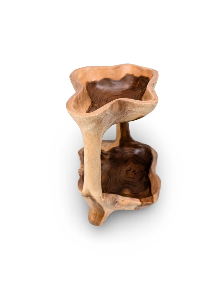 Frutero de teca, soporte de madera de 2 niveles, soporte de doble cuenco, frutero de madera Foto 3 de 4