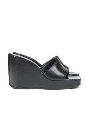 Women's Sergio Rossi Wedge Black Leather Mules Sandals Shoes