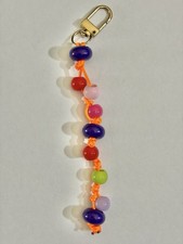Beaded Charm Keychain Orange Cord 4.25in Rainbow Glass Beads Handmade
