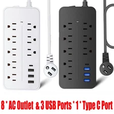 US Power Strip Surge Protector 8 AC Outlets 3 USB Ports + Type C Port 4 FT Cable