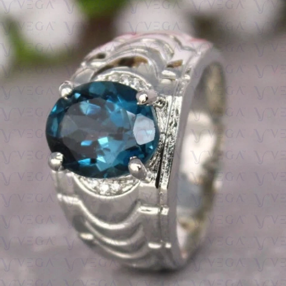 4.10ct Oval Cut Natural Topaz with Diamond Men Prong Ring 950PT Platinum Plated - Image 2 of 4