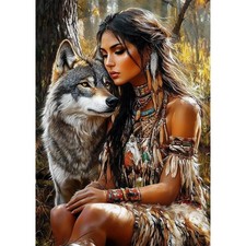 Native Indian Woman Diamond Art Kits for Adults, Wolf Diamond Painting Dots D...