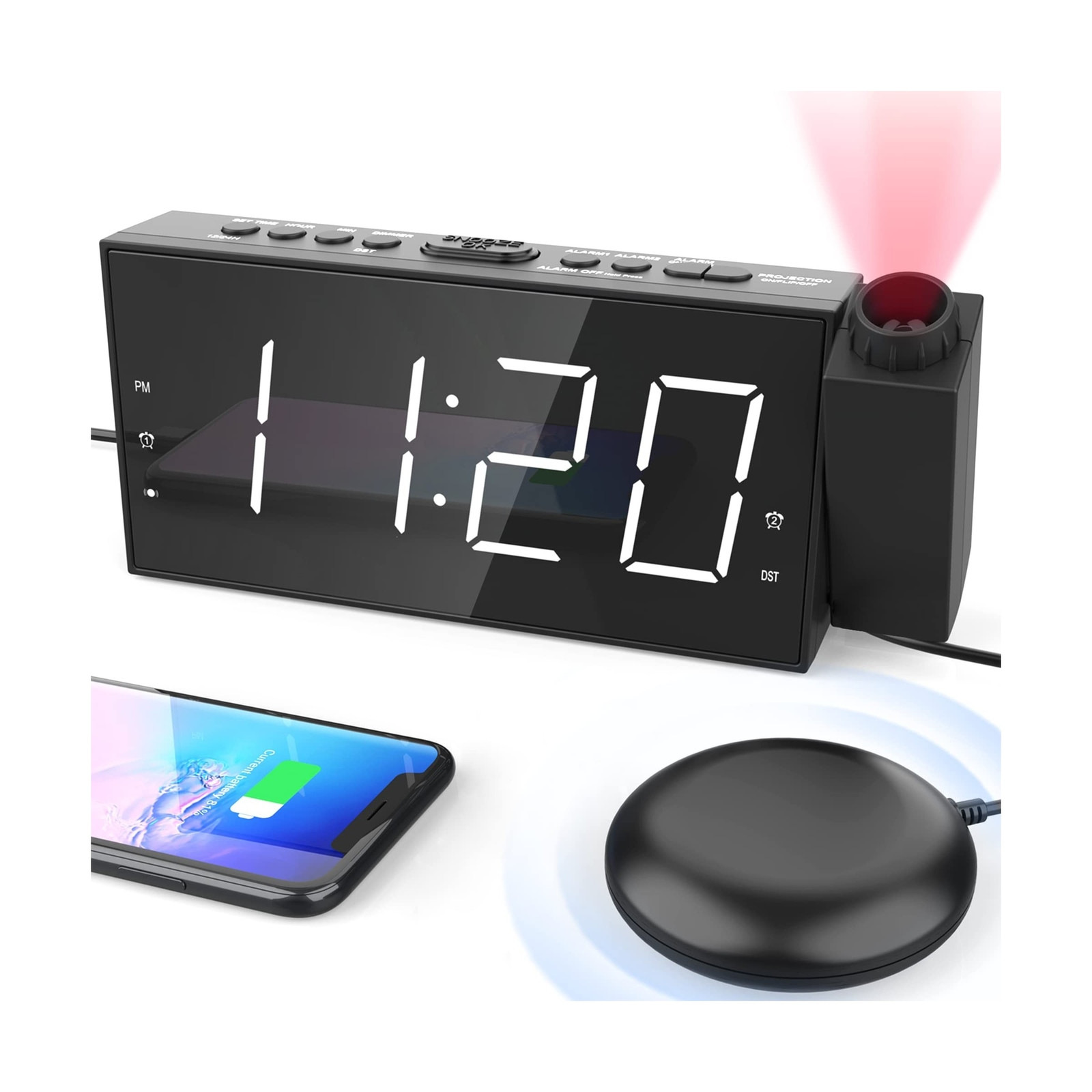 Projection Digital Alarm Clock with Bed Shaker for Bedrooms, Extra Loud Alarm...