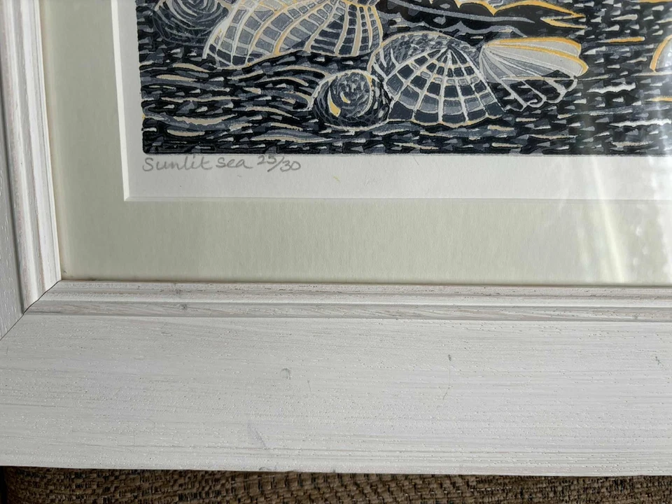 Reducción Linocut 'Sunlit Sea' Annie Soudain Edición Limitada 25/30 Enmarcado Foto 4 de 4