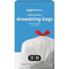 13 Gallon Tall Kitchen Drawstring Trash Bags, Unscented, 50 Count