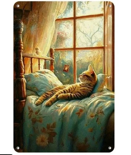 Vintage Cat Metal Tin Sign 8x12 | Sleeping Cat Wall Art Home Decor Indoor/Outdoo