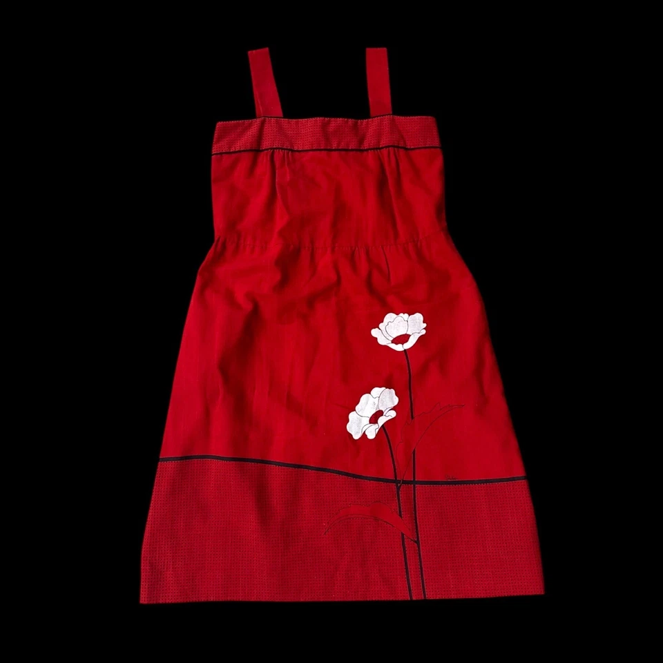Vintage Dress Red White Poppy Sundress Floral Alfred Shaheen USA MCM Size 12 - Image 2 of 4