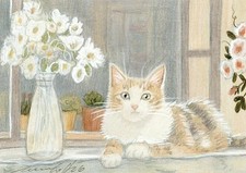 ACEO orig. pastel drawing calico cat at window, flowers by Anna Hoff