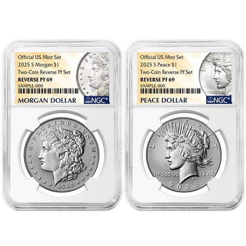 2pc Set - 2025-S Reverse Proof $1 Morgan and Peace Silver Dollar NGC PF69