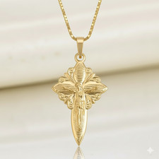 Collier - Femme - Pendentif - Croix - Catholique - Christ - Plaqué Or Jaune 750
