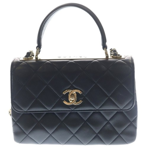 CHANEL Top Handle Mini Flap Bag Handbag Chain Shoulder Black Lambskin Plate Used
