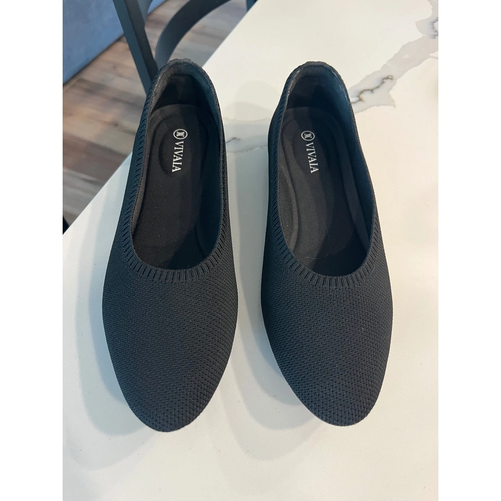 Vivaia Aria 5 Pointed Toe Ballet Flats Black Knit Sustainable Shoes 38.5 (7.5)