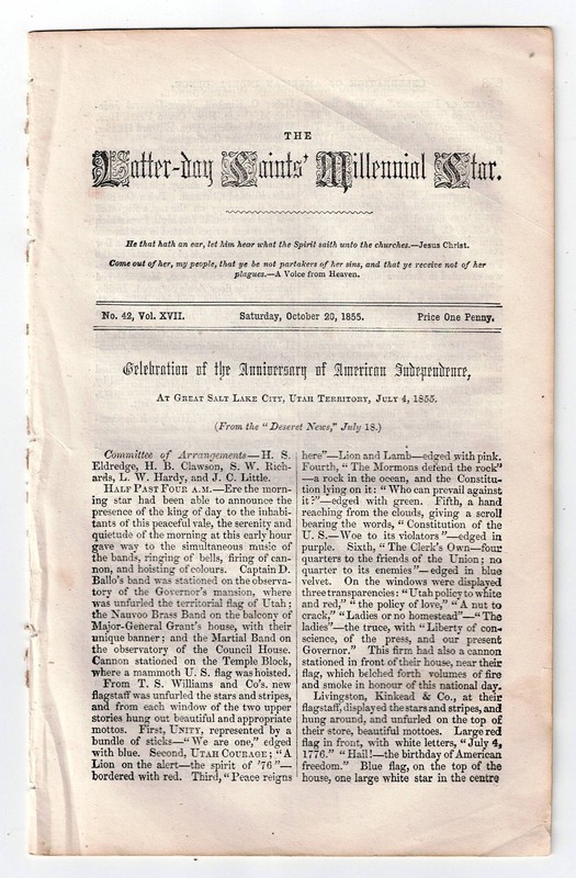 1855 Mormon Periodical-July 4th Celebration-How to Get to Zion-Deseret-Utah