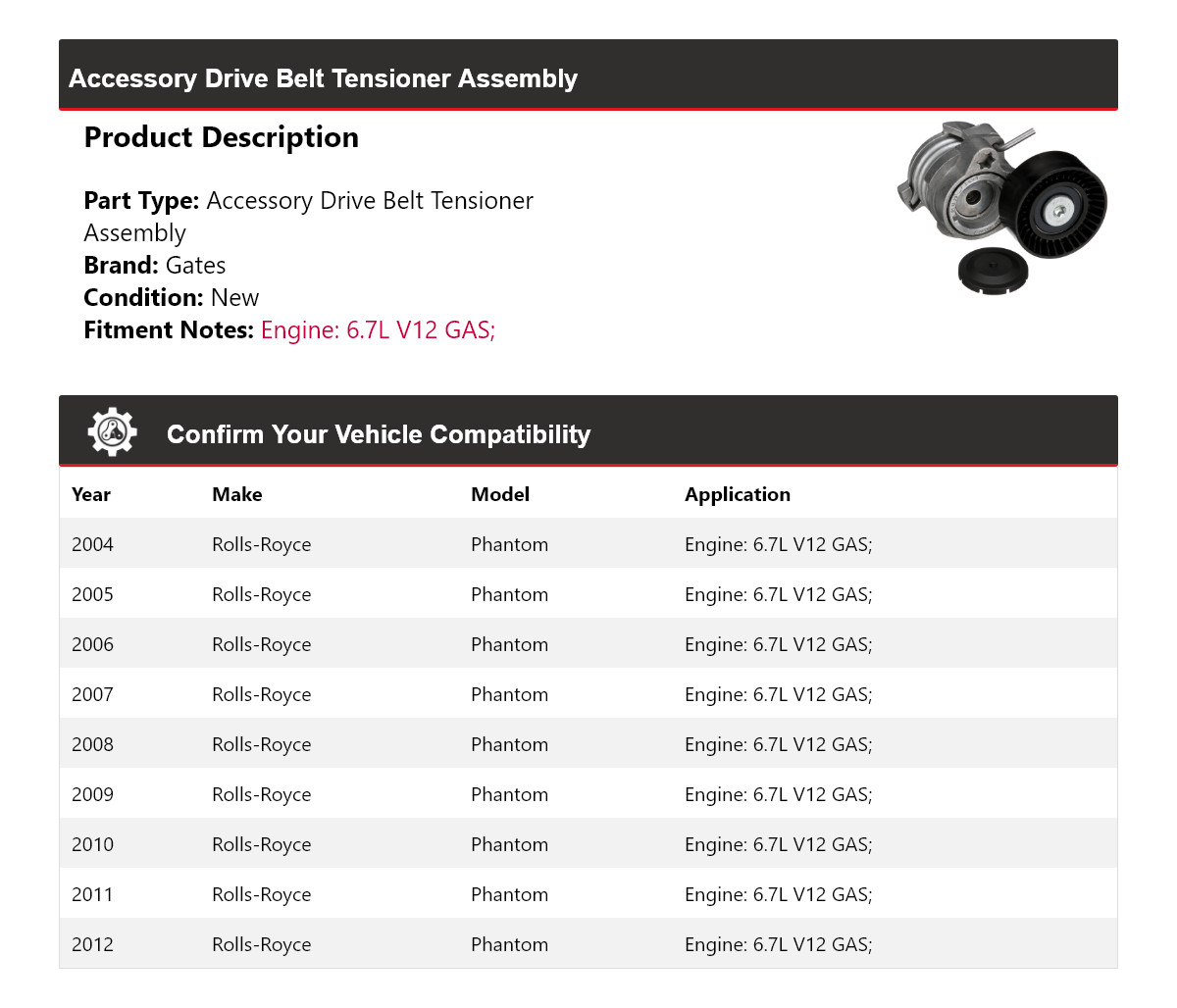 For 2004-2012 Rolls-Royce Phantom Accessory Drive Belt Tensioner Assembly Gates