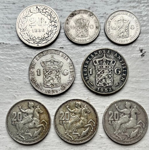 SWITZERLAND, NETHERLANDS, GREECE, 1886,1922-1960, LOT OF 8 SILVER COINS VG to VF