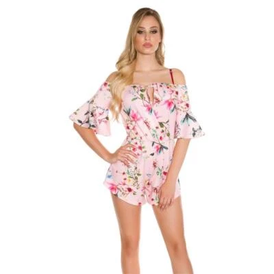 Sommer Carmenausschnitt Overall Playsuit mit Blumen Rosa 34/36/38 #OV401 - Bild 1 von 4