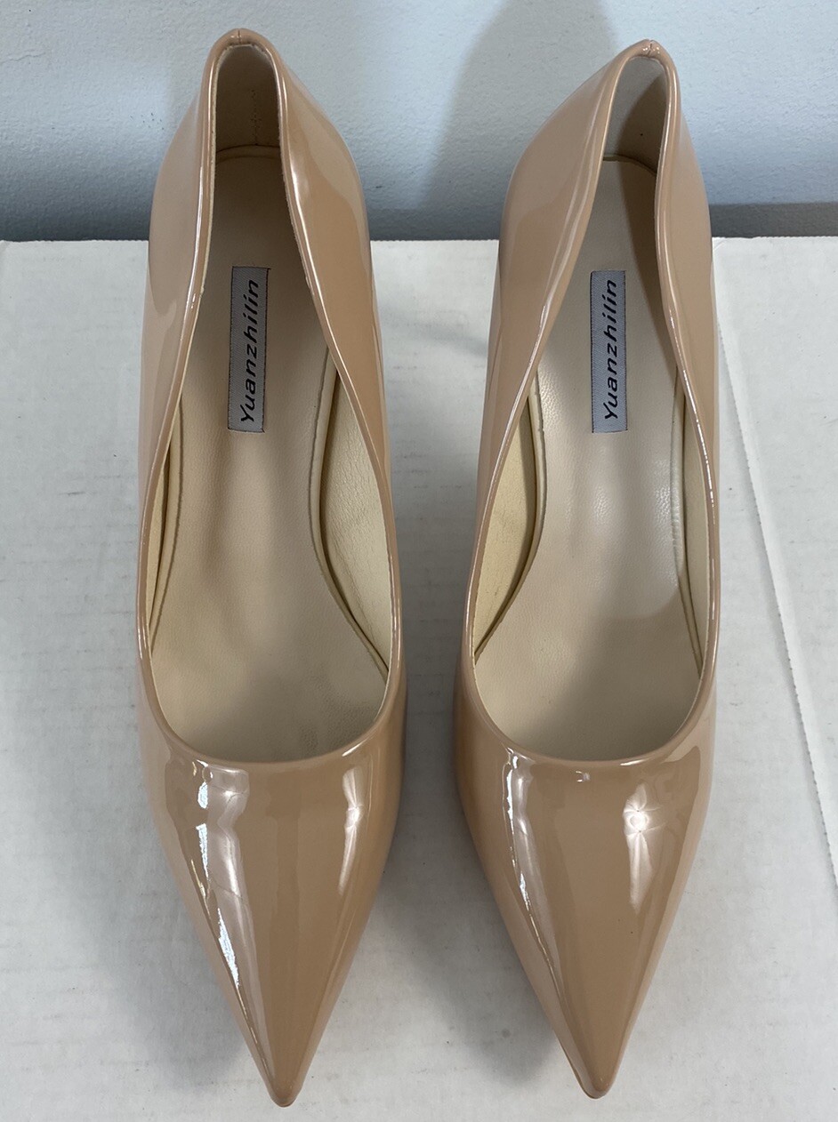 Women’s Solid Leather Pointed Toe Shoe Mid Heel Size 42 Beige