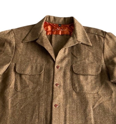 Vtg C Joseph Wool Shirt Jacket Tweed Herringbone Men’s LARGE Brown Layering USA - Picture 3 of 14