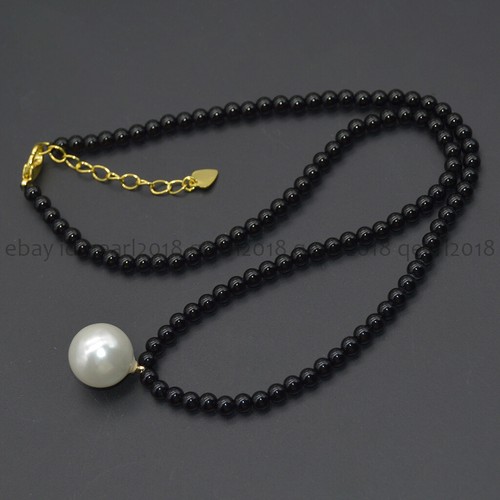 4mm Natural Assorted Gemstone 14mm Round White Shell Pearl Pendant Necklace 18'' - Picture 28 of 198