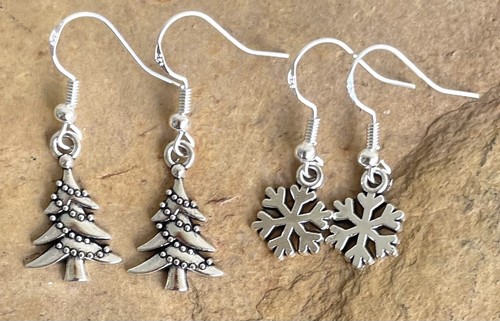 2 Christmas Dangle Drop Earrings .925 Sterling Silver Ear Hooks Tree Snowflake - Picture 3 of 9