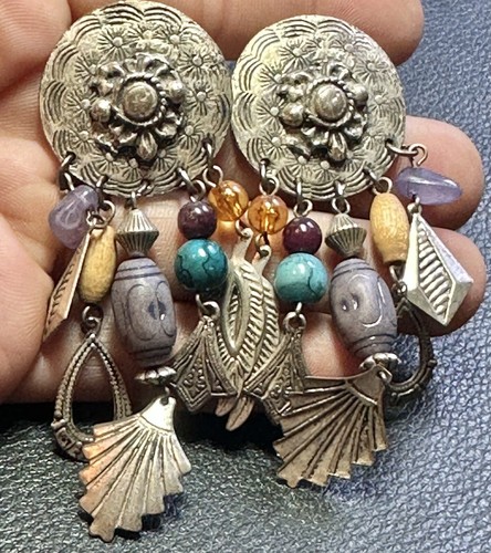 Vintage Silver Tone South Western Style Flower Dangle Pierced Earrings - Picture 2 of 8