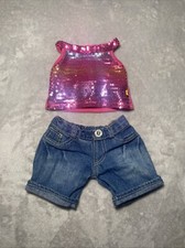 Build a Bear 2 Piece Outfit Pink Stripe Sequin Top Denim Shorts BAB Clothes