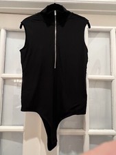 Ellie Tahari Black Ribbed Sleeveless Shirt Top Bodysuit Zipper Rayon Spandex L