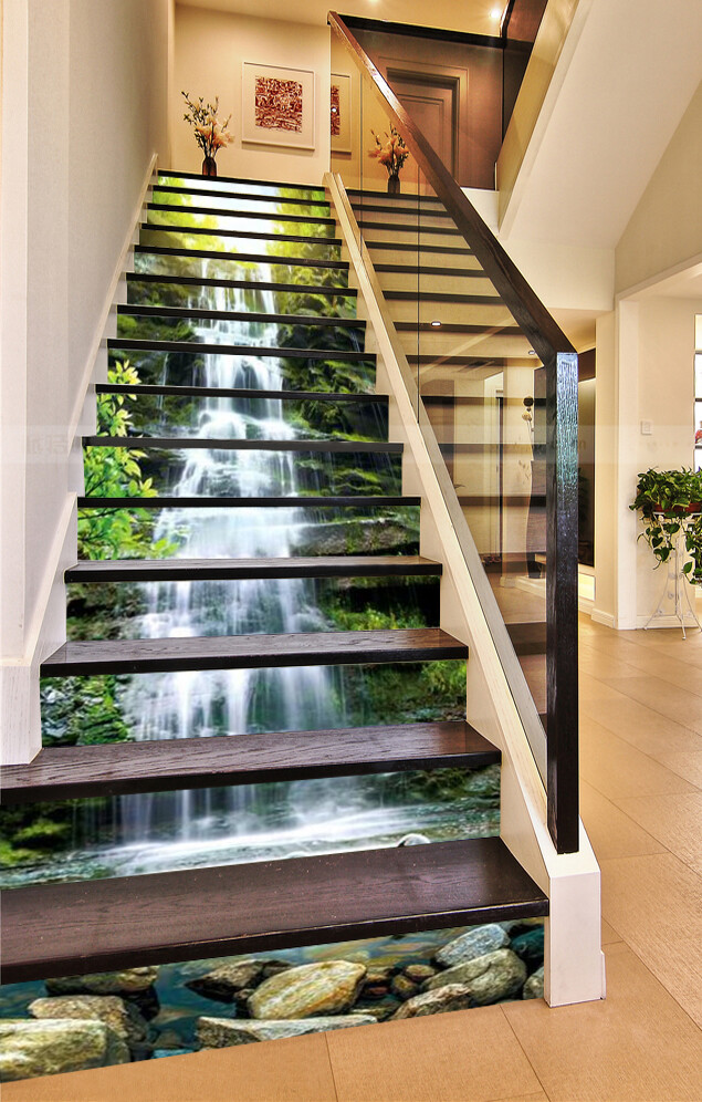 Déco D'escalier 3D Cascade Cygne – Sticker Mural Panoramique Pour Contremarches, Effet Waouh Garanti !