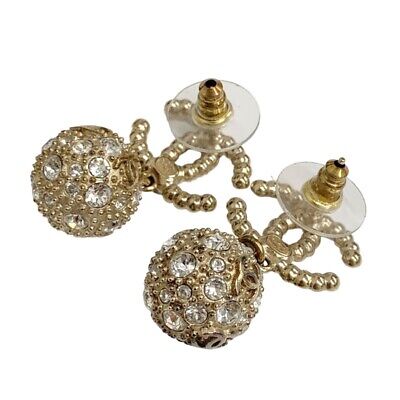 CHANEL Earrings CC Fake Pearl Ball Rhinestone COCO Swing C21K Gold GP  authentic