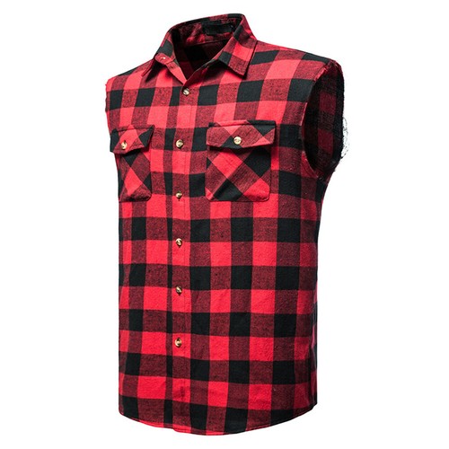 Men's Oversized Sleeveless Shirt Plaid Tee Casual Baggy Flannel T-Shirts - Picture 9 of 18