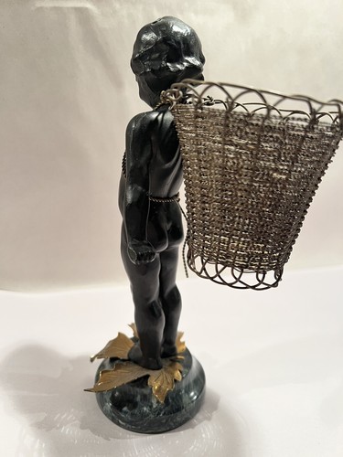 Petites Choses 7.5" Girl Figurine Pewter w/ Brass Basket & Leaves (Marble Base) - Picture 5 of 16