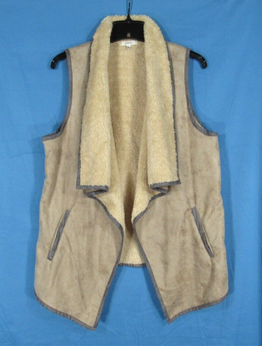 JODIFL Beige FAUX SUEDE Sleeveless SHERPA LINED Draped OPEN-FRONT Top Vest L