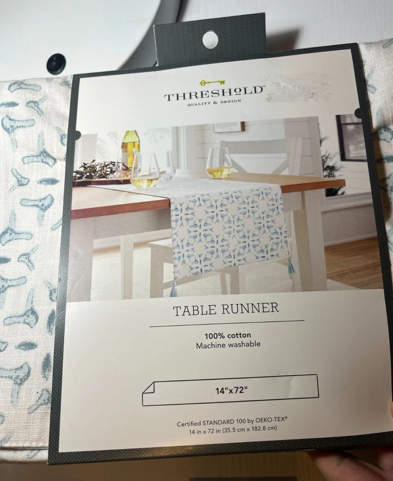 Lot/2 Threshold Abstract Print Table Runners: 14"x72" and 14"x108", Blue/White - Image 3 of 4