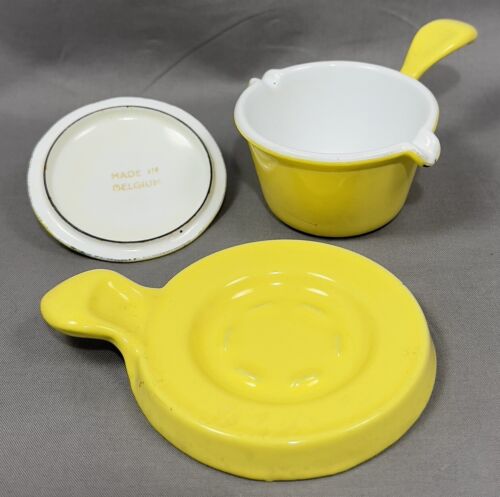 Vintage Descoware scalda burro smaltato ghisa giallo piatto coperto sottopiatto Belgio - Foto 16 di 19
