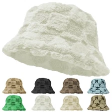 Women's Winter Plush Fluffy Bucket Hat Faux Fur Lining Cozy Check Warm Cap Lot