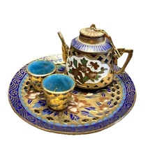 Cloisonne Enameled 4 Piece Chinese 2 Cups Teapot Tray Miniature Tea Set Vintage