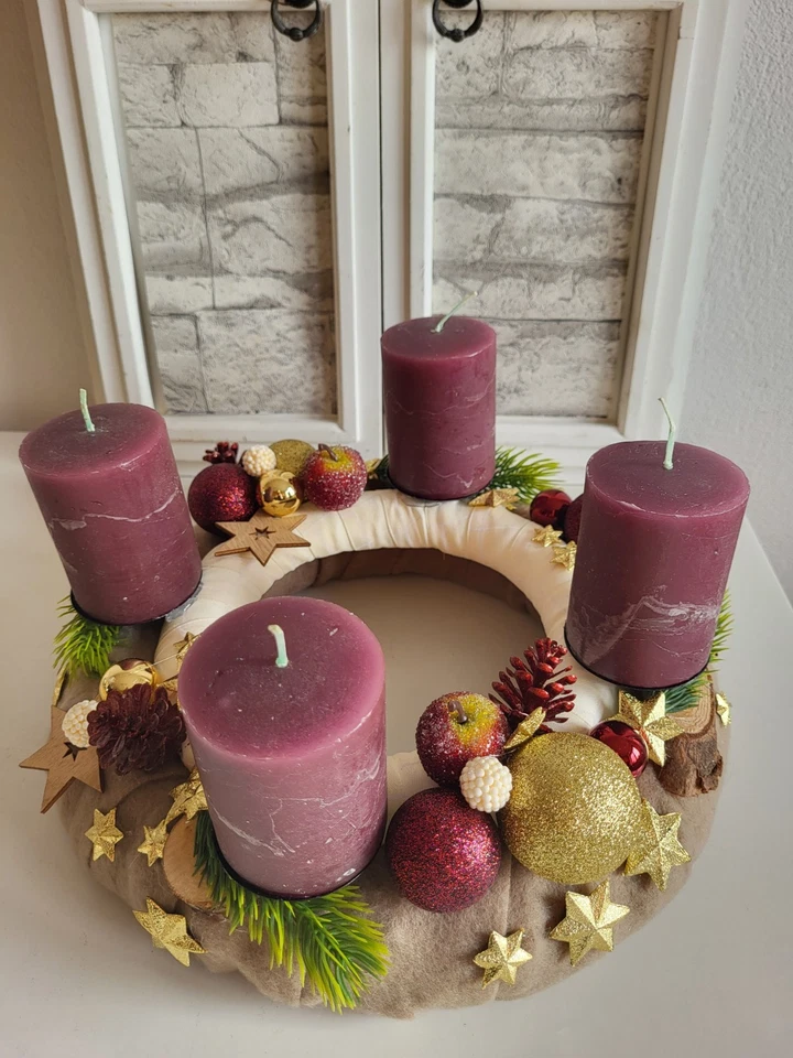 Adventskranz künstlich Adventsgesteck Kerzen Bordeaux Rot mehrjährig Kranz Tisch - Bild 3 von 4