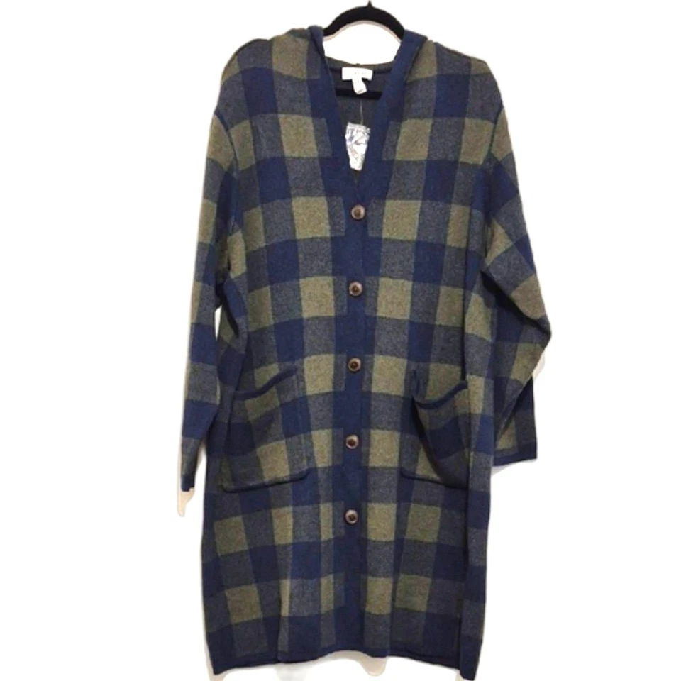 Denim & Co. Plaid Hooded Cardigan 3XP Blue Green Checker Button Front Cozy Knit - Image 2 of 4